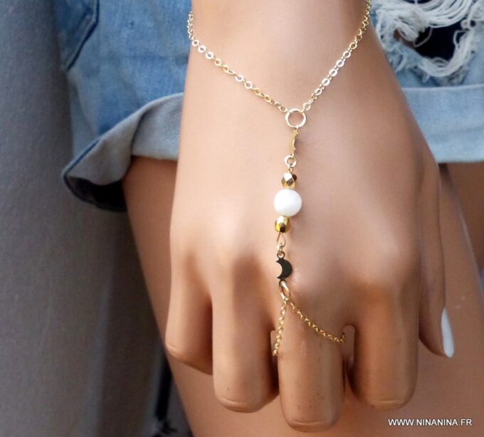 N6150g Bracelet bague - chaine de main pierres fines pierre de lune plaqué or - Bijoux Bracelets en ligne Ninanina