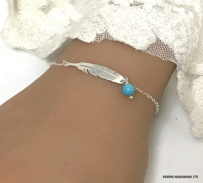 N6154 Bracelet argent plume femme Turquoise bleu naturelle - Bijoux Bracelets en ligne Ninanina