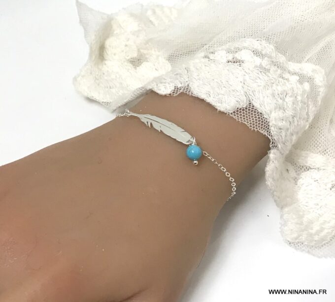 N6154b Bracelet argent plume femme Turquoise bleu naturelle - Bijoux Bracelets en ligne Ninanina