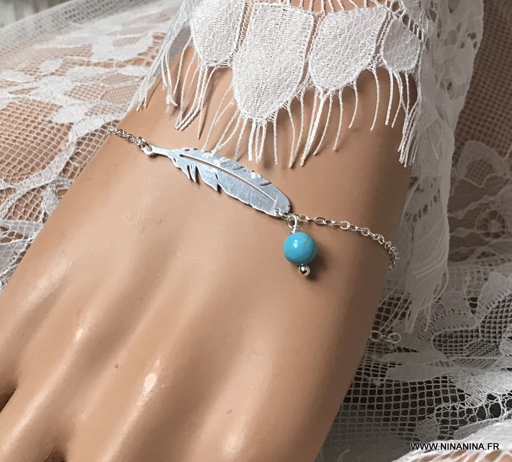 Bracelet cheville bleu turquoise naturelle argent femme - Ninanina