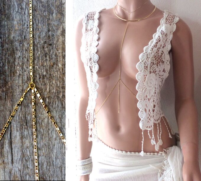 N6155d Chaine de corps maille fantaisie plaqué or - Bijoux Chaines en ligne Ninanina