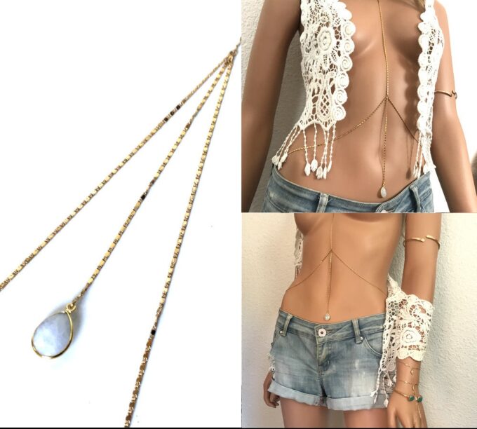 N6156b Chaine corps femme Plaqué Or Et Pierre de lune blanche - Bijoux Chaines de corps en ligne Ninanina