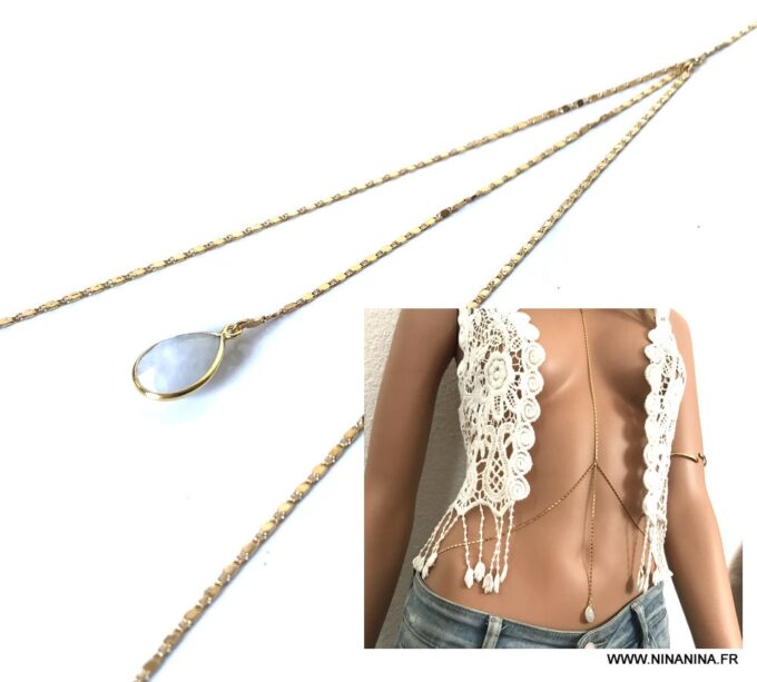 N6156d Chaine corps femme Plaqué Or Et Pierre de lune blanche - Bijoux Chaines de corps en ligne Ninanina