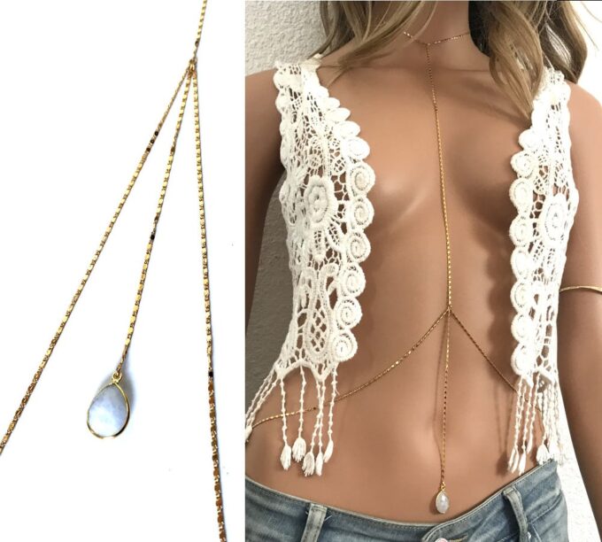 N6156g Chaine corps femme Plaqué Or Et Pierre de lune blanche - Bijoux Chaines de corps en ligne Ninanina