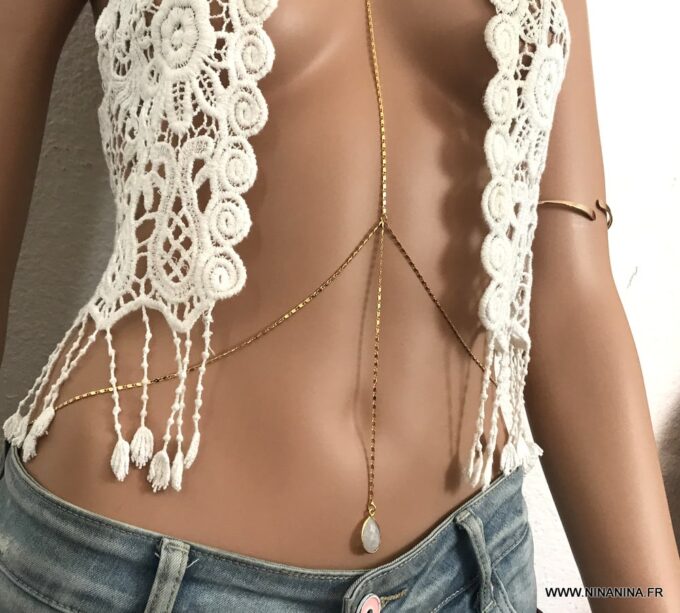 N6156h Chaine corps femme Plaqué Or Et Pierre de lune blanche - Bijoux Chaines de corps en ligne Ninanina