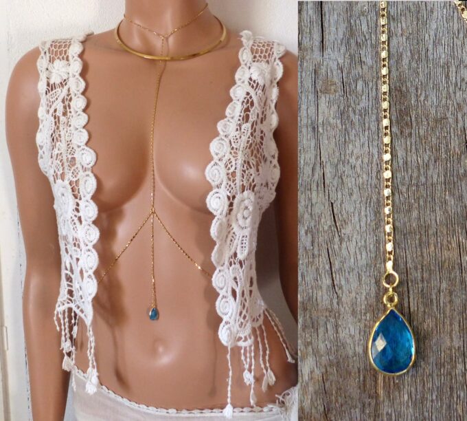 N6157 Chaine de corps maille fantaisie plaqué or et pendentif en saphir - Bijoux Chaines en ligne Ninanina