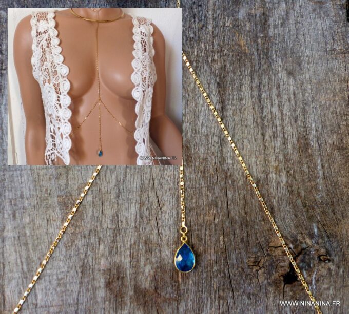 N6157a Chaine de corps maille fantaisie plaqué or et pendentif en saphir - Bijoux Chaines en ligne Ninanina