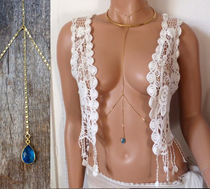 N6157b Chaine de corps maille fantaisie plaqué or et pendentif en saphir - Bijoux Chaines en ligne Ninanina