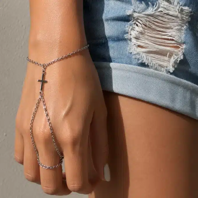 N6159 Bracelet bague chaine de main croix acier inoxydable - Bijoux de mains femmes en ligne Ninanina
