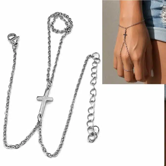 N6159b Bracelet bague chaine de main croix acier inoxydable - Bijoux de mains femmes en ligne Ninanina