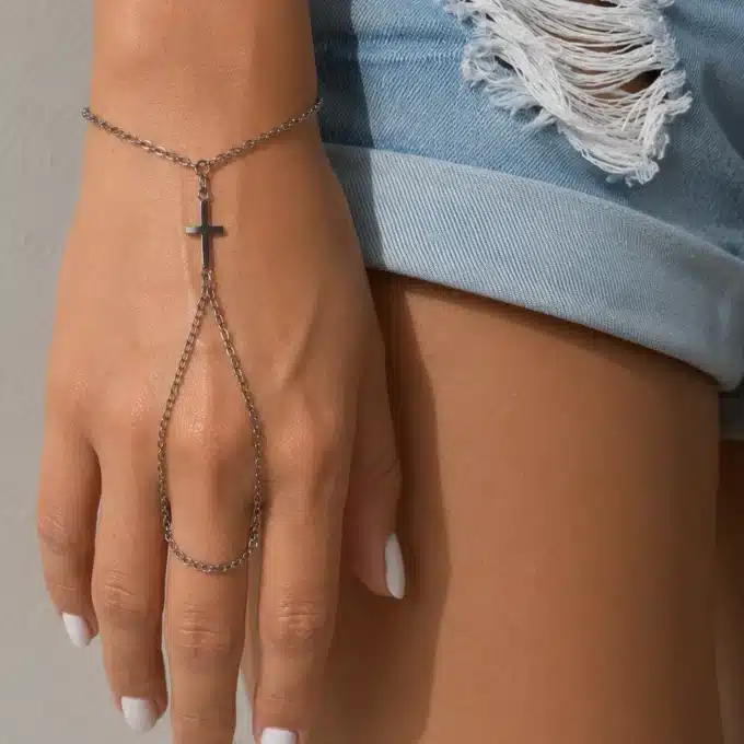 N6159c Bracelet bague chaine de main croix acier inoxydable - Bijoux de mains femmes en ligne Ninanina
