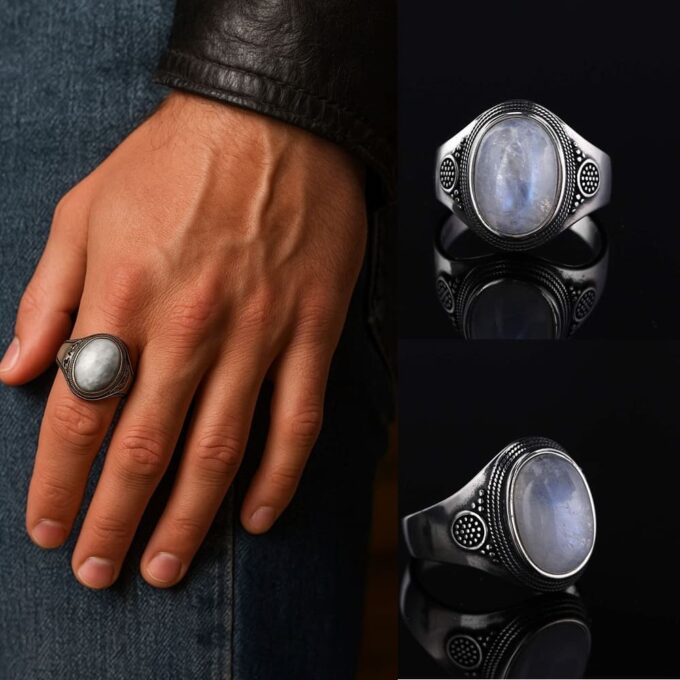 N6161e Bague pour homme ou femme pierre de lune ovale - chevalière argent - Bijoux Bagues hommes en ligne Ninanina
