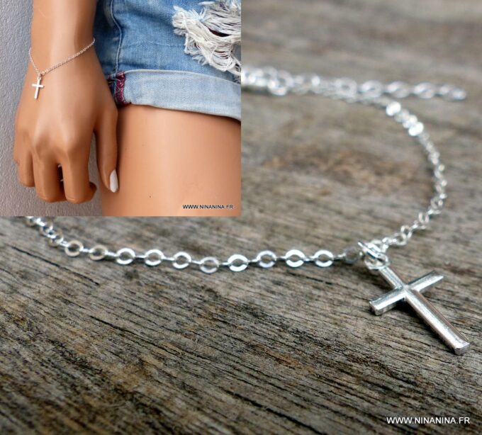 N6162d Bracelet chaîne pendentif croix argent 925 massif - Bijoux Bracelets en ligne Ninanina
