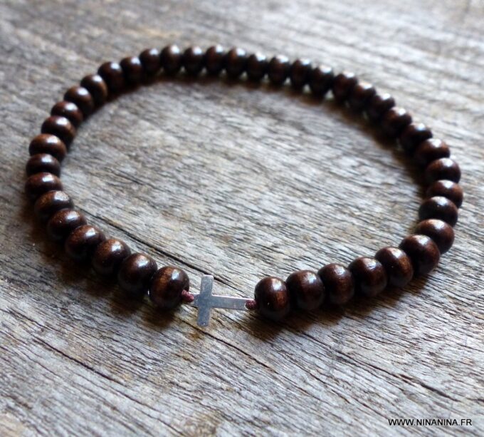 N6173 Bracelet homme strech perles bois croix argent 925 massif - Bijoux Bracelets en ligne Ninanina