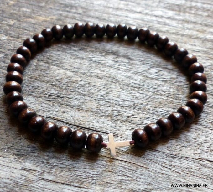 N6173b Bracelet homme strech perles bois croix argent 925 massif - Bijoux Bracelets en ligne Ninanina