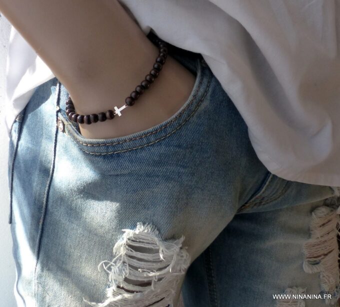 N6173e Bracelet homme strech perles bois croix argent 925 massif - Bijoux Bracelets en ligne Ninanina