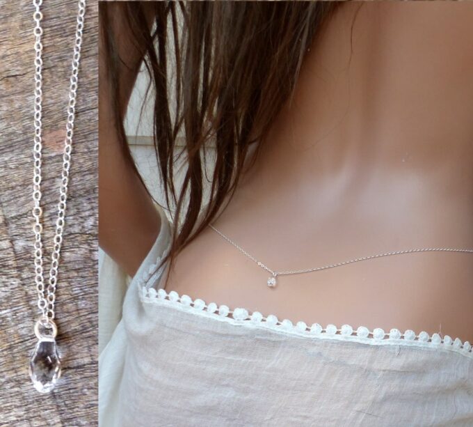 N6174 Chaine de taille argent 925 massif pendentif briolette cristal swarovski - Bijoux Chaines en ligne Ninanina