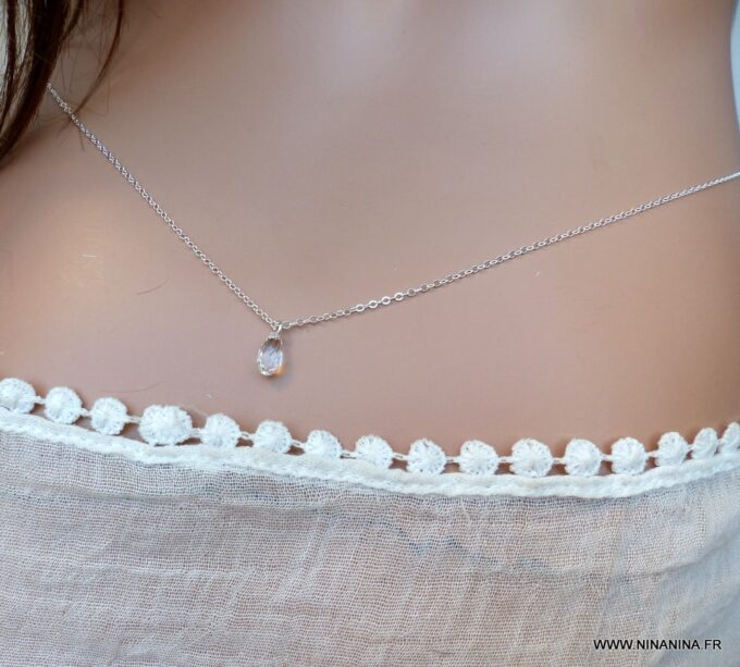 N6174b Chaine de taille argent 925 massif pendentif briolette cristal swarovski - Bijoux Chaines en ligne Ninanina