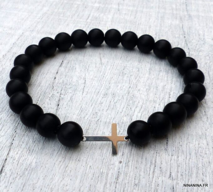 N6178 Bracelet strech perles bois croix argent 925 massif - Bijoux Bracelets en ligne Ninanina