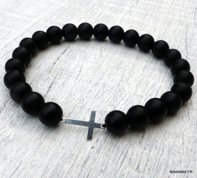 N6178a Bracelet strech perles bois croix argent 925 massif - Bijoux Bracelets en ligne Ninanina