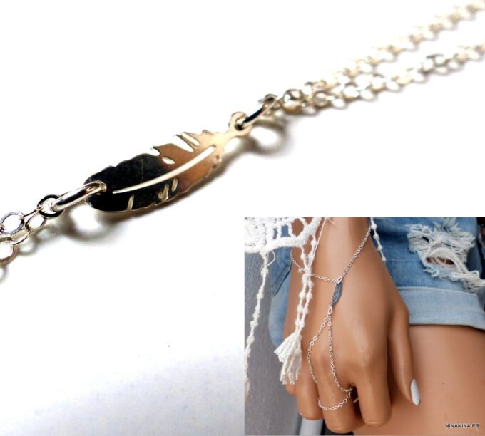 N6180a Bracelet bague - Chaine de main plume argent 925 massif - Bijoux Bracelets en ligne Ninanina