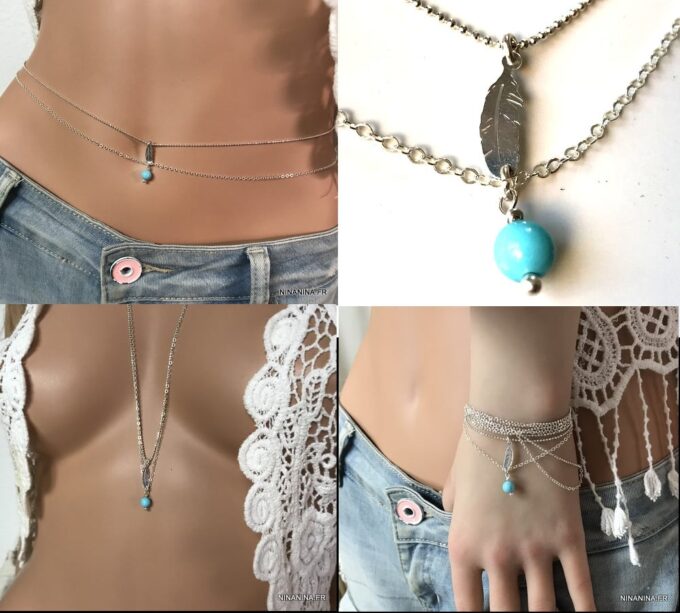 N6182 Chaine pour ventre double rang plume Argent turquoise - Bijoux de corps en ligne Ninanina