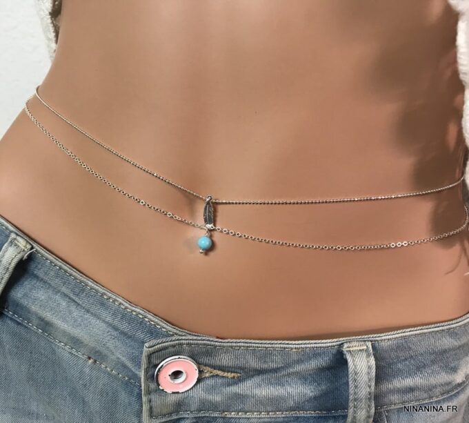 N6182a Chaine pour ventre double rang plume Argent turquoise - Bijoux de corps en ligne Ninanina