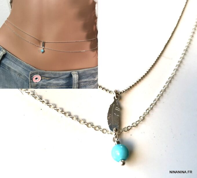 N6182b Chaine pour ventre double rang plume Argent turquoise - Bijoux de corps en ligne Ninanina