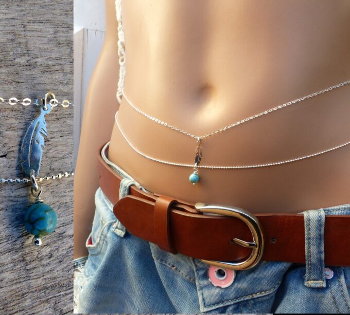 N6182c Chaine de taille double rang plume argent 925 massif et turquoise naturelle - Bijoux Chaines en ligne Ninanina