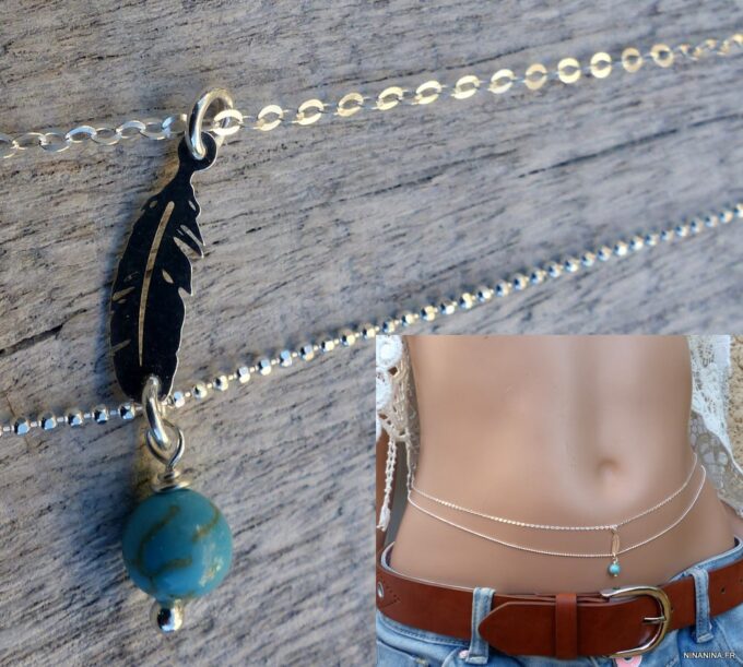 N6182d Chaine de taille double rang plume argent 925 massif et turquoise naturelle - Bijoux Chaines en ligne Ninanina