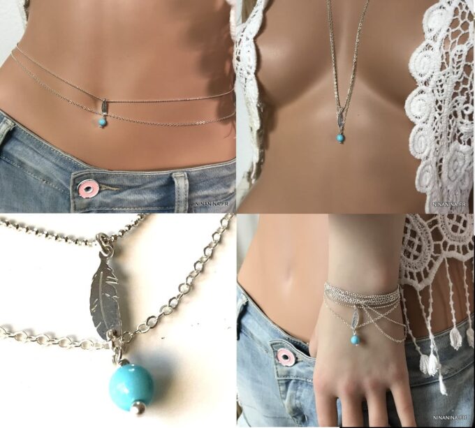 N6182d Chaine pour ventre double rang plume Argent turquoise - Bijoux de corps en ligne Ninanina
