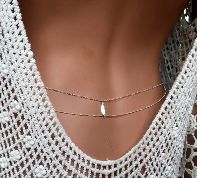 N6183b Chaine de taille double rang plume Argent 925 massif - Bijoux Chaines en ligne Ninanina