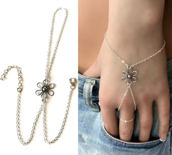 N6187 Bracelet fleur Argent 925 et bague chaine doigt reliée - Bijoux Bracelets en ligne Ninanina