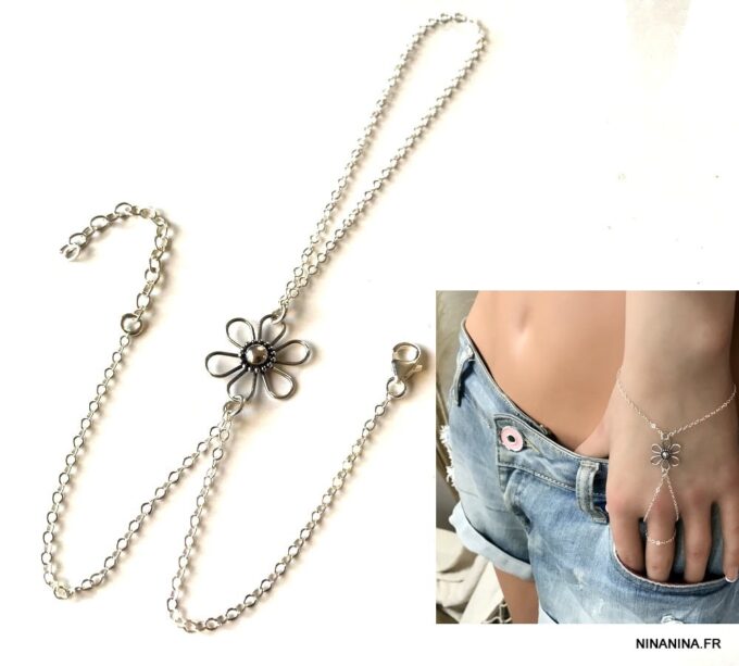 N6187b Bracelet fleur Argent 925 et bague chaine doigt reliée - Bijoux Bracelets en ligne Ninanina