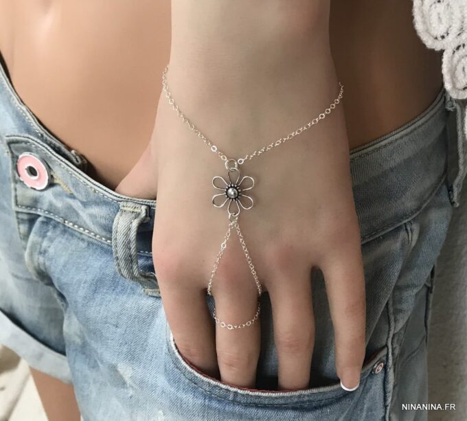 N6187c Bracelet fleur Argent 925 et bague chaine doigt reliée - Bijoux Bracelets en ligne Ninanina