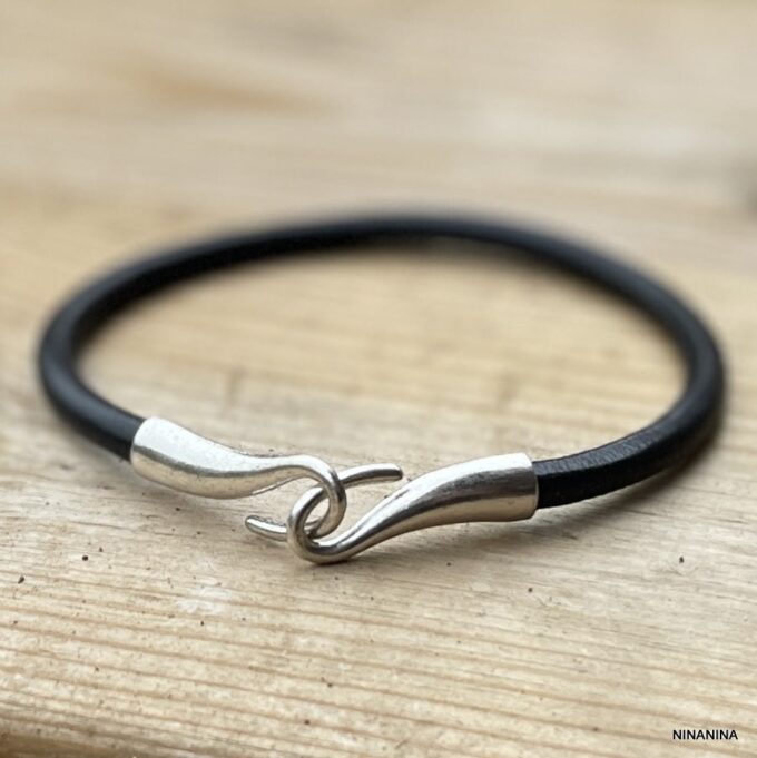 N6196a Bracelet pour cheville homme crochet cordon cuir noir - Bracelets de chevilles en ligne Ninanina