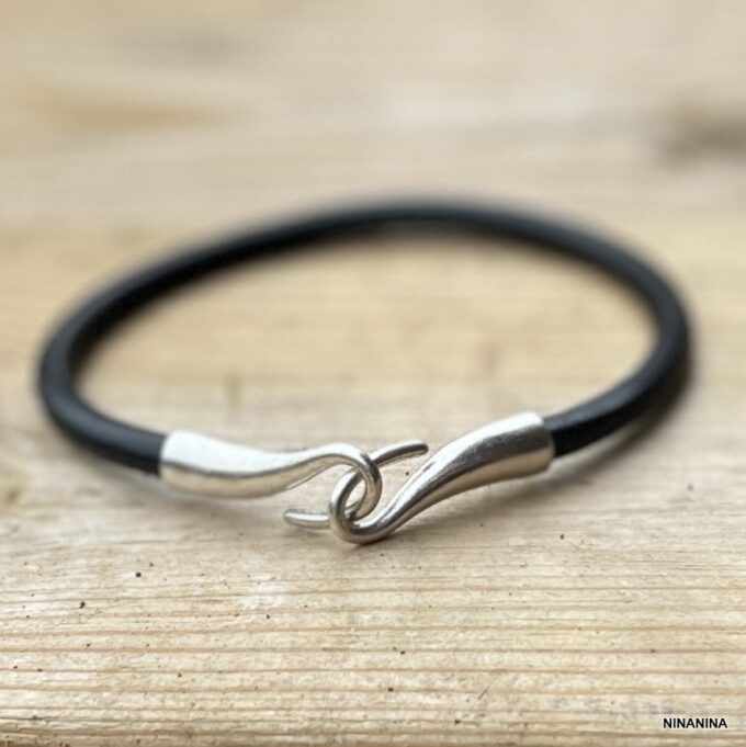 N6196e Bracelet pour cheville homme crochet cordon cuir noir - Bracelets de chevilles en ligne Ninanina