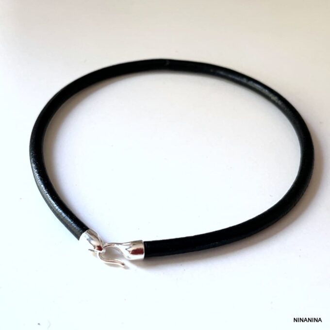 N6197b Bracelet cheville homme cuir fermoir crochet Argent 925 fait main - Bijoux de pieds hommes en ligne Ninanina