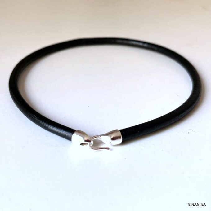 N6197d Bracelet cheville homme cuir fermoir crochet Argent 925 fait main - Bijoux de pieds hommes en ligne Ninanina