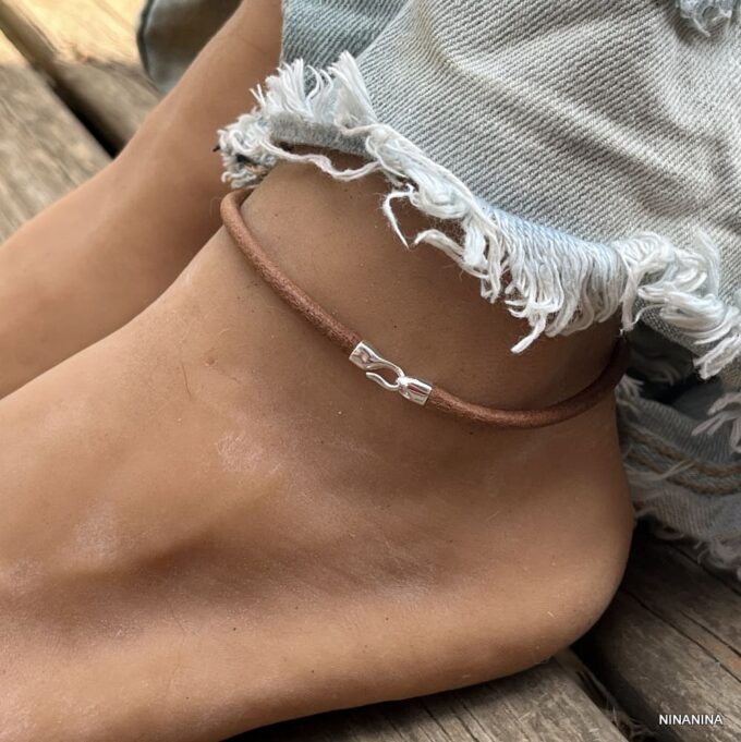 N6197h Bracelet cheville homme cuir fermoir crochet Argent 925 fait main - Bijoux de pieds hommes en ligne Ninanina