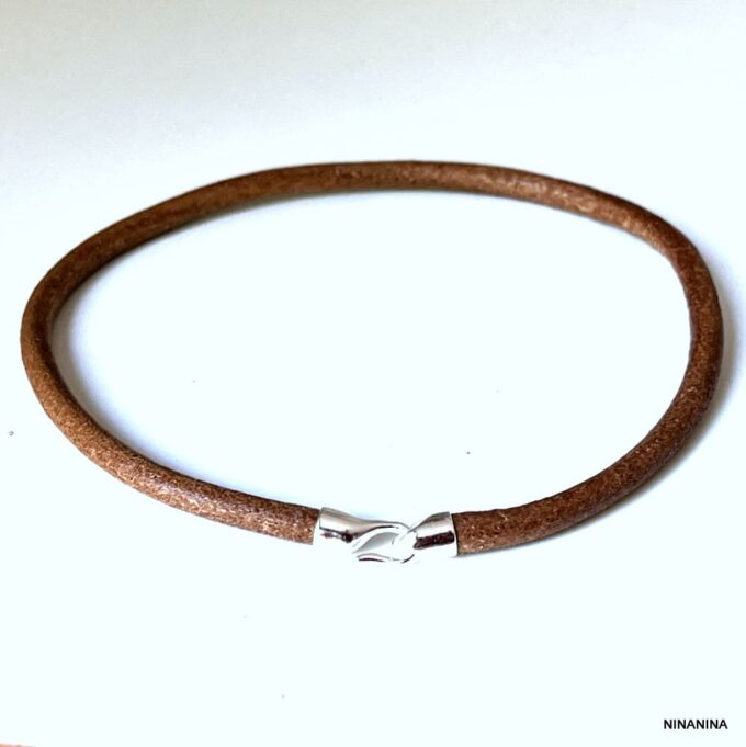 N6197i Bracelet cheville homme cuir fermoir crochet Argent 925 fait main - Bijoux de pieds hommes en ligne Ninanina