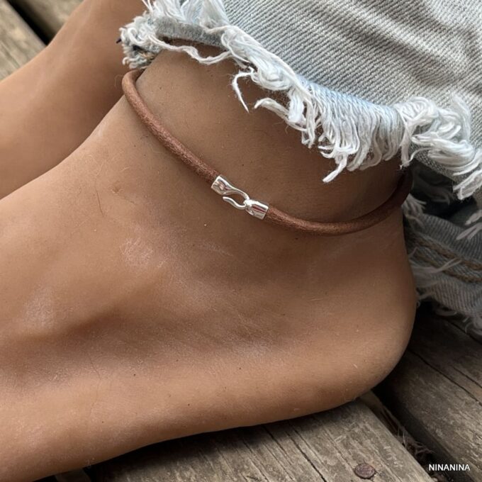 N6197j Bracelet cheville homme cuir fermoir crochet Argent 925 fait main - Bijoux de pieds hommes en ligne Ninanina