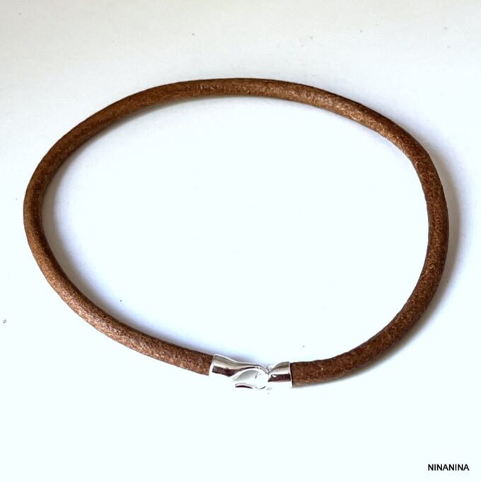 N6197k Bracelet cheville homme cuir fermoir crochet Argent 925 fait main - Bijoux de pieds hommes en ligne Ninanina