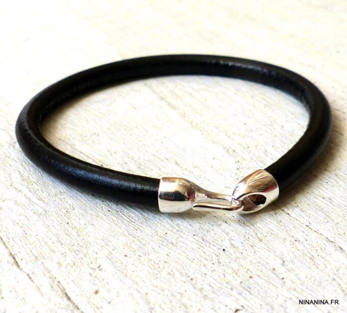 N6199 Bracelet cuir fermoir crochet argent 925 massif - Bijoux Bracelets en ligne Ninanina