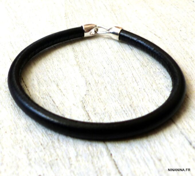 N6199f Bracelet cuir fermoir crochet argent 925 massif - Bijoux Bracelets en ligne Ninanina
