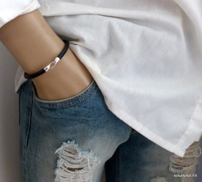 N6199g Bracelet cuir fermoir crochet argent 925 massif - Bijoux Bracelets en ligne Ninanina