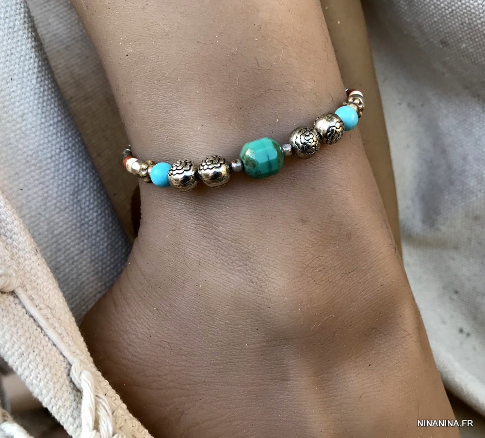 Bracelet cheville bleu turquoise naturelle argent femme - Ninanina