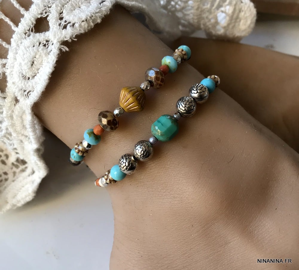 Bracelet cheville bleu turquoise naturelle argent femme - Ninanina