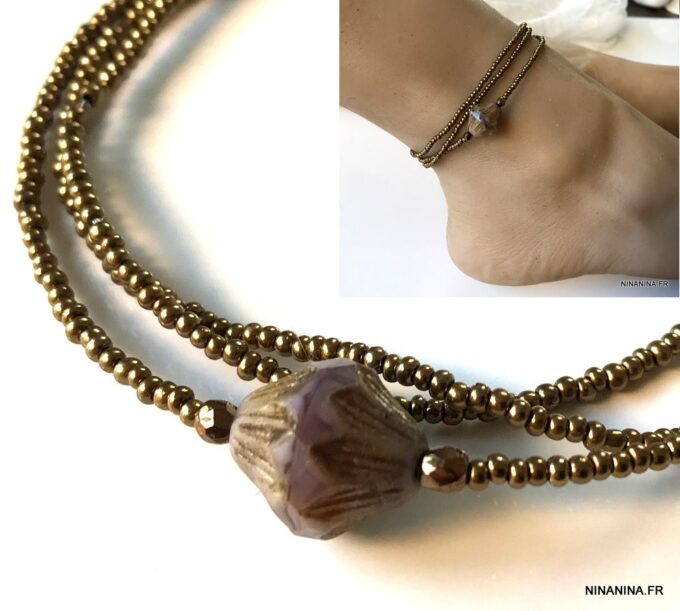 N6204 Bracelet cheville perle de rocaille bronze bohème chic - Bijoux de pied en ligne Ninanina
