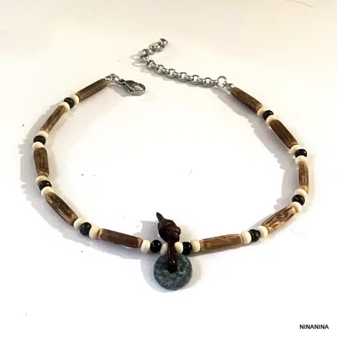 N6215a Bracelet Cheville Homme Surf Perles Bois Anneau Bleu - Bijoux de pieds Hommes en ligne Ninanina